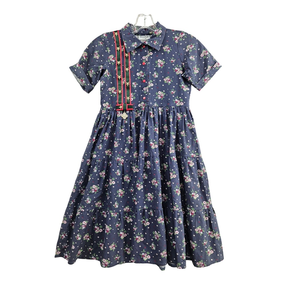 MoneKids Floral Tiered Dress Girls 128 7/8 Navy Blue Star Ribbon Button Up Short